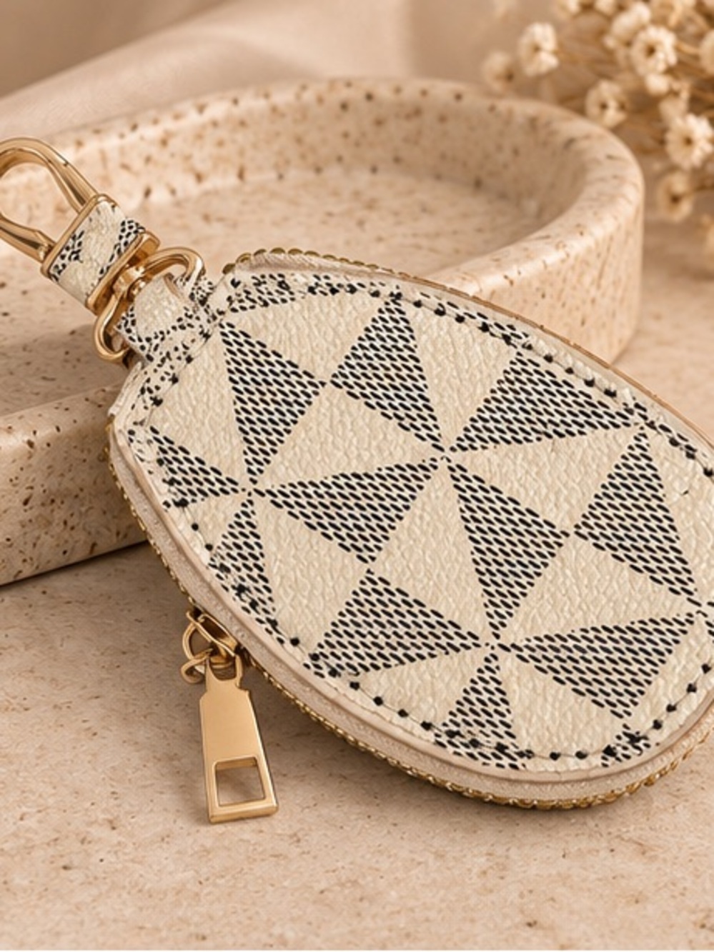 Designer Inspired Ivory Geometric Key Pouch Bag Charm